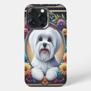 Funda Para iPhone 13 Pro Elegante borde maltés de colores florales de perro