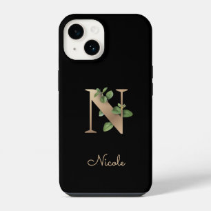 Funda Para iPhone 14 Elegante carta de oro de monograma botánico N