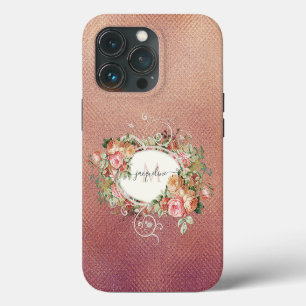Funda Para iPhone 13 Pro Elegante Flor Rosa Rosa Vintage Nombre Guión Dorad