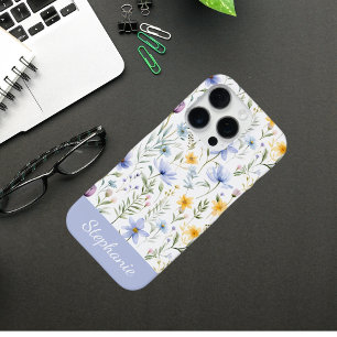 Funda Para iPhone 16 Pro Elegante Flor Silvestre Acuarela Azul Púrpura