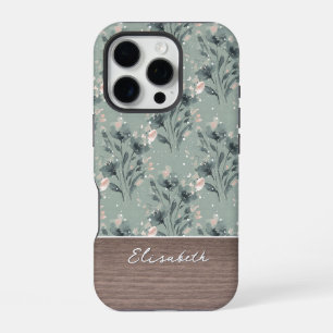 Funda Para iPhone 16 Pro Elegante Floral Azul Grano de Madera Nombre Person