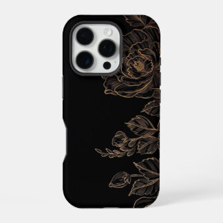 Funda Para iPhone 16 Pro Elegante Floral Dorada sobre Negro
