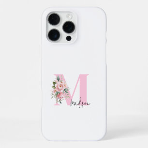Funda Para iPhone 16 Pro Max Elegante Floral Inicial Monograma de Nombre Rosa M
