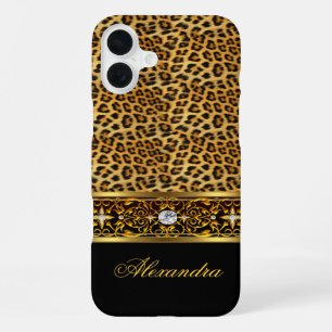 Funda Para iPhone 16 Plus Elegante Leopardo Salvaje Negro Dorado Joyas Duro