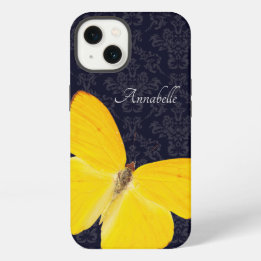 Elegante Mariposa Amarilla Negro Damask Añadir nom