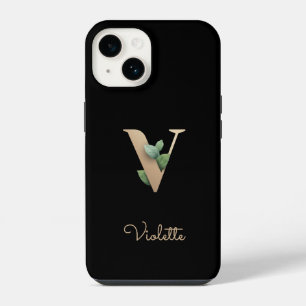 Funda Para iPhone 14 Elegante Monograma Botánico Carta de Oro V