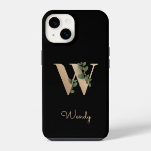 Funda Para iPhone 14 Elegante Monograma Botánico Carta de Oro W