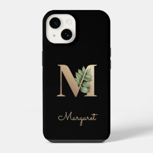 Funda Para iPhone 14 Elegante Monograma Botánico Letra Gold M