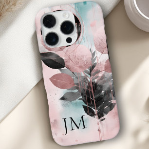 Funda Para iPhone 16 Pro Elegante Monograma Botánico Rosa-Oro