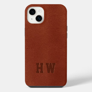 Funda Para iPhone 14 Plus Elegante Monograma Cuero Vegano Marrón Estampado