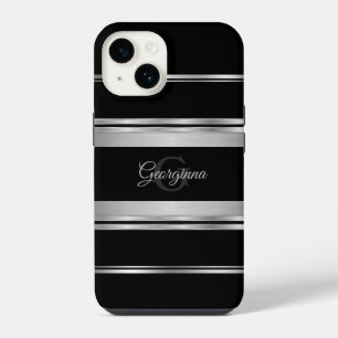 Funda Para iPhone 14 Elegante Monograma De Diseño Gris Negro Y Plateado