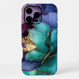Funda Para iPhone 16 Pro Max Elegante Monograma de Flores Azul Teal Lila Dorado