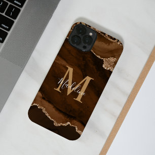 Funda Para iPhone 16 Pro Max Elegante Monograma de Geoda de Ágata Dorada en Ter