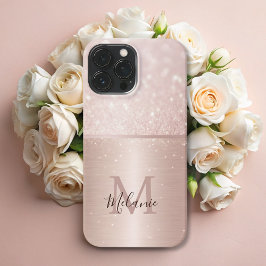 Funda Para iPhone 13 Pro Max Elegante monograma de glam metalizado rosa oro pur