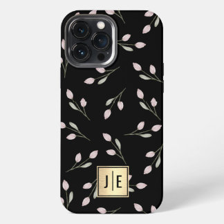 Funda Para iPhone 13 Pro Max Elegante Monograma floral negro y dorado brillante
