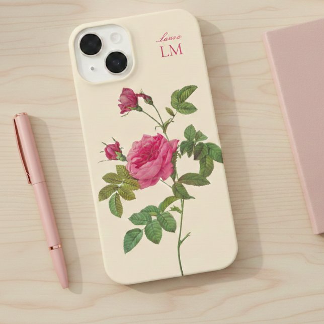 Funda Para iPhone Elegante Monograma Floral Rosa (vintage Redouté rose floral phone case personalized with custom name and initial)