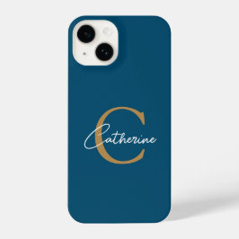 Funda Para iPhone 14 Elegante Monograma Minimalista de guiones azul y o