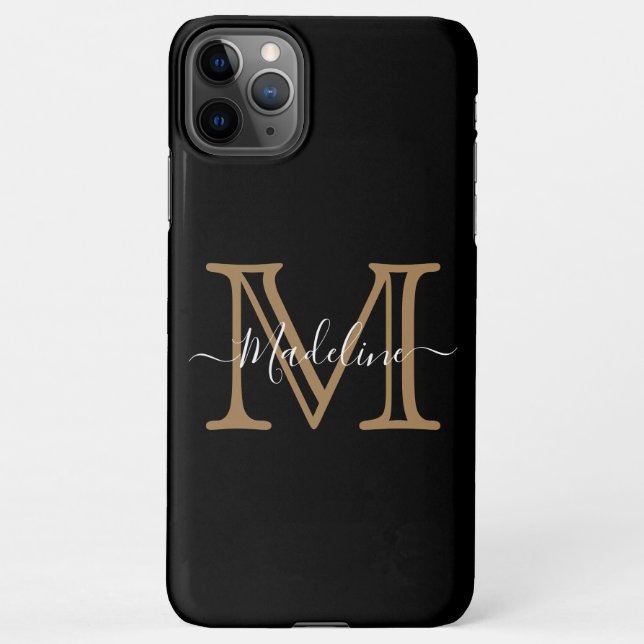 Funda Para iPhone Elegante Monograma moderno de oro negro (Reverso)