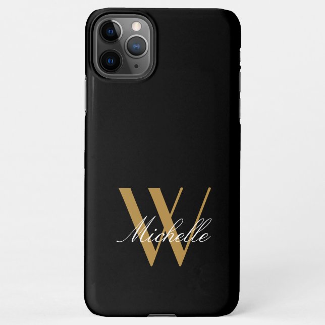 Funda Para iPhone Elegante Monograma Negro Oro Nombre Script (Reverso)
