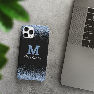 Funda Para iPhone 12 Elegante Monograma Negro Purpurina azul claro