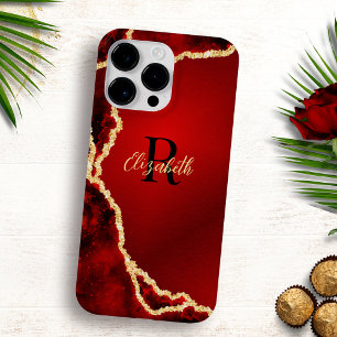 Funda Para iPhone 14 Pro Max Elegante Monograma Rojo Negro Dorado Agata Femenin