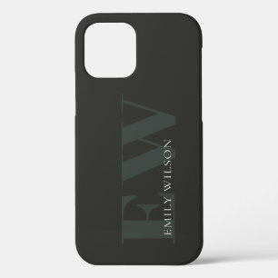 Funda Para iPhone 12 Pro Elegante Monograma Rústico Oscuro Dusky Verde Negr