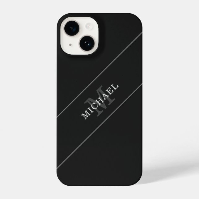 Funda Para iPhone Elegante Nombre de Monograma Plata Negro Personali (Reverso )