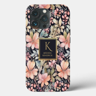 Funda Para iPhone 13 Pro Elegante Nombre Monograma Floral Acuarela Rosa Neg