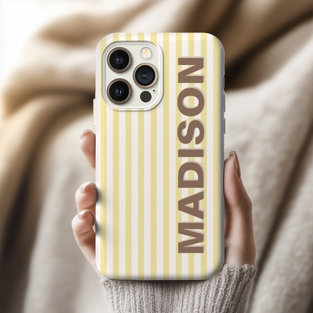Funda Para iPhone Elegante Novia con Franja Amarilla Mantecosa Nombr (Custom Name Stripe iPhone case Gift for mother's day |  Vintage Stripe iPhone case Gift for Grandma)