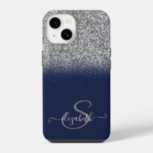 Funda Para iPhone 14 Elegante Ombre de Brillo Plateado, Monograma Azul 