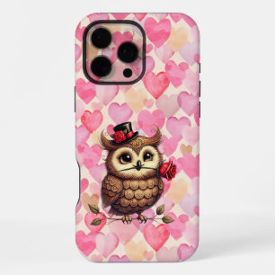 Funda Para iPhone 16 Pro Max elegante Owl con coloridos corazones El día de San