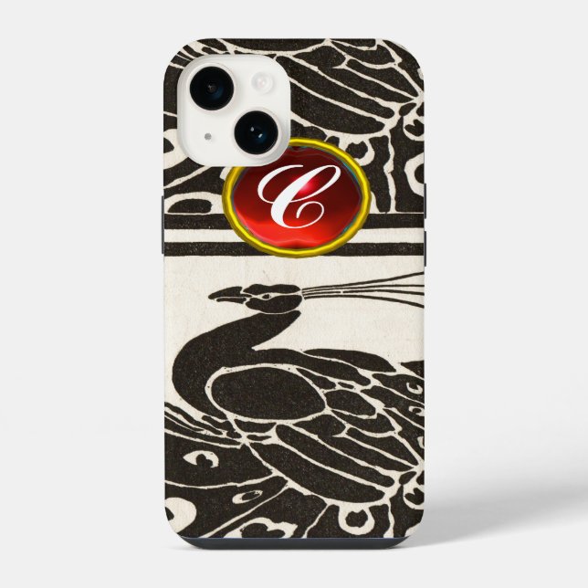 FUNDA PARA iPhone ELEGANTE PAVO REAL BLANCO NEGRO RUBÍ ROJO GEM MONO (Reverso )