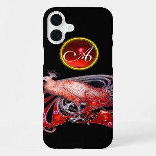 FUNDA PARA iPhone 16 PLUS ELEGANTE PAVO REAL EN ROJO, MONOGRAMA RUBÍ