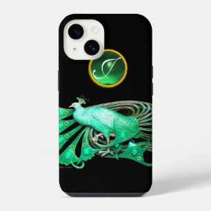 FUNDA PARA iPhone 14 ELEGANTE PAVO REAL EN VERDE, MONOGRAMA DE JADE