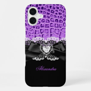 Funda Para iPhone 16 Plus Elegante Púrpura Negro Animal Lazo Corazón Encaje