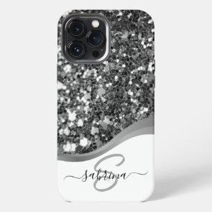 Funda Para iPhone 13 Pro Max Elegante Purpurina elegante negro plateado Monogra