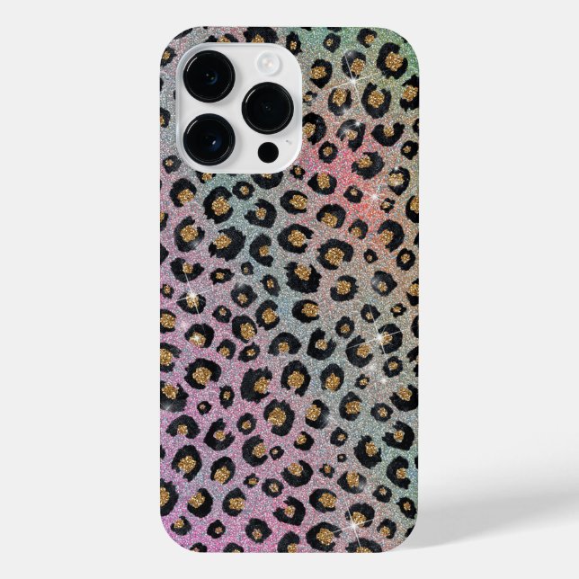 Funda Para iPhone Elegante Purpurina rosa azul dorado Leopardo negro (Reverso)