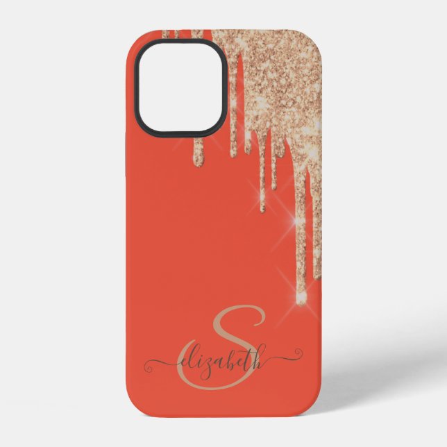 Funda Para iPhone Elegante Rosa Dorado con Drips de Brillo (Reverso )