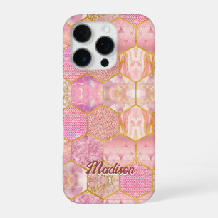 Funda Para iPhone 16 Pro Elegante rosa dorado geométrico falso brillo femen