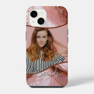 Funda Para iPhone 14 Elegante Rosa Purpurina de Mármol de Oro
