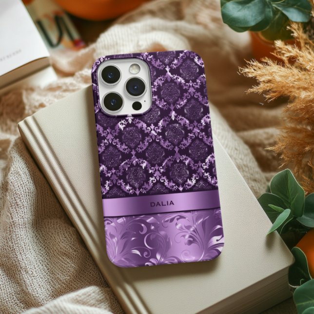 Funda Para iPhone Elegante textura metálica de Damasco floral púrpur (Subido por el creador)
