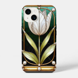 Funda Para iPhone 14 Elegante Tulipán de Vidrio Pintado con Marco de Or
