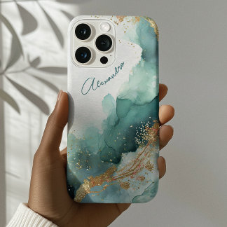 Funda Para iPhone 16 Pro Max Elegante Verde azulado Gold Abstract Watercolor No