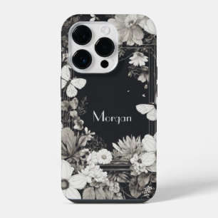 Funda Para iPhone 14 Pro Elegantes flores silvestres blancas y negras