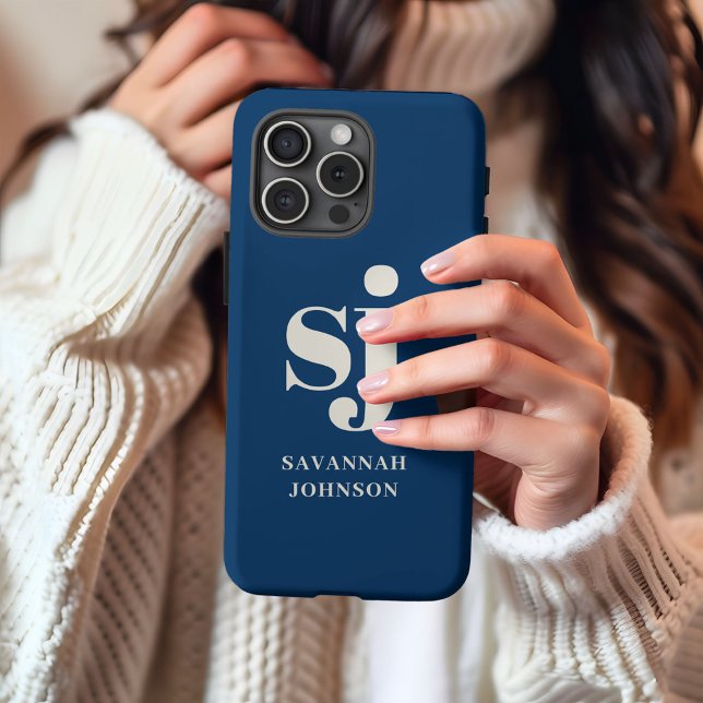 Funda Para iPhone Elegantes iniciales de monograma azul de la Marina (Subido por el creador)