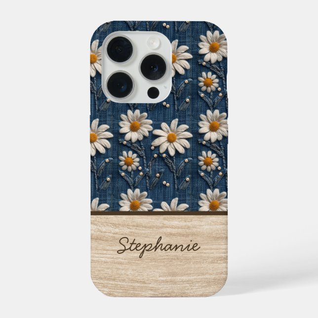 Funda Para iPhone Embroidered Daisy Denim Phone Case with Name (Reverso )