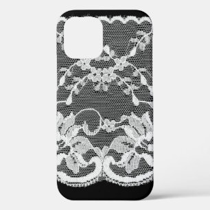Funda Para iPhone 12 Encaje floral blanco sobre fondo negro.