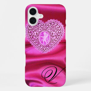 FUNDA PARA iPhone 16 PLUS ENCUADERNACIÓN DE CORAZÓN DE CUPIDO DE SEDA ROSA F
