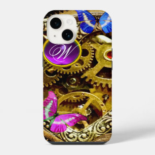 FUNDA PARA iPhone 14 ENGRANAJES DE STEAM PUNK, GEMAS, MONOGRAMA DE MARI