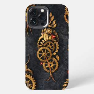 Funda Para iPhone 13 Pro Max Engranajes Dorados Vintage y Neon Rojo Cyberpunk M